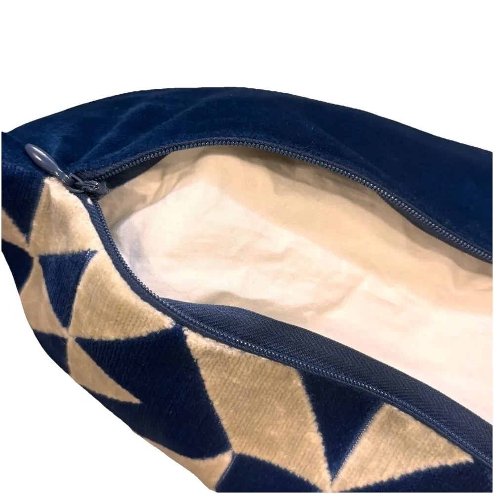 Blue White Geometric Velvet Throw Pillow Feather Filled 14x25 Lumbar Accent